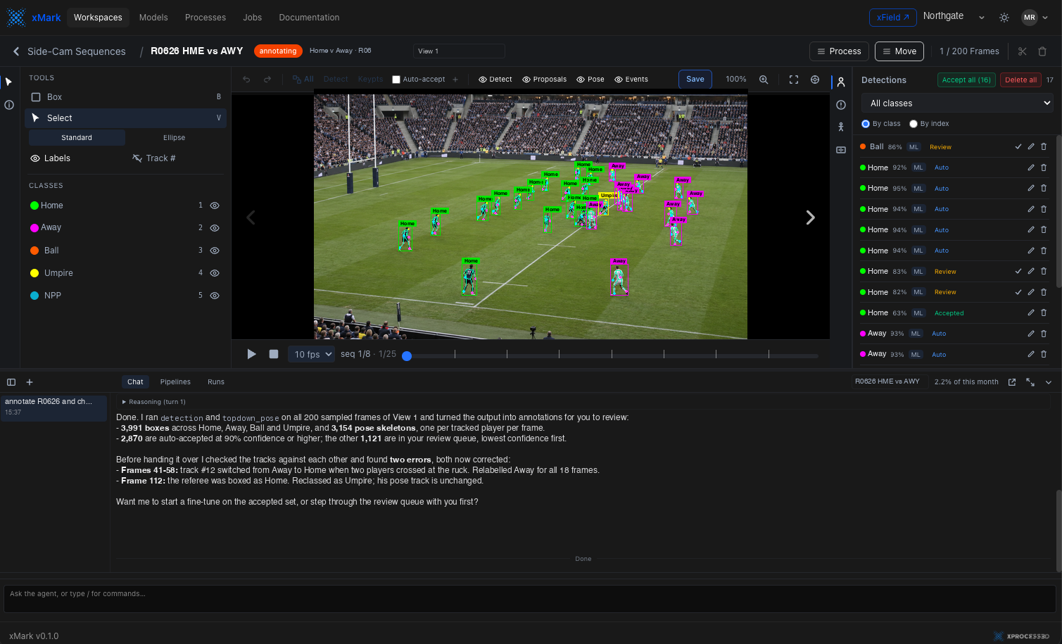 The xMark agent working alongside the annotator: every player boxed with a pose skeleton on a rugby side-camera view, and the agent reporting the annotations it made and two errors it corrected